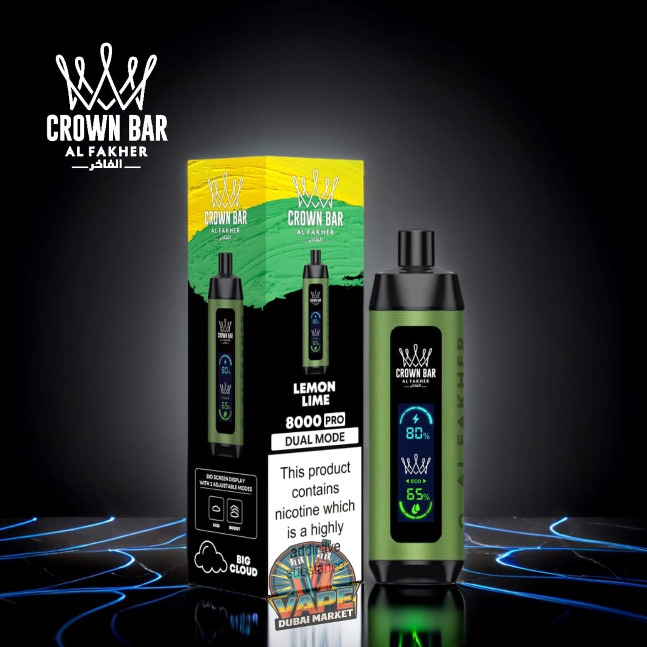 Crown Bar Al Fahker Pro Lemon Lime vape with 8000 puffs and adjustable airflow feature