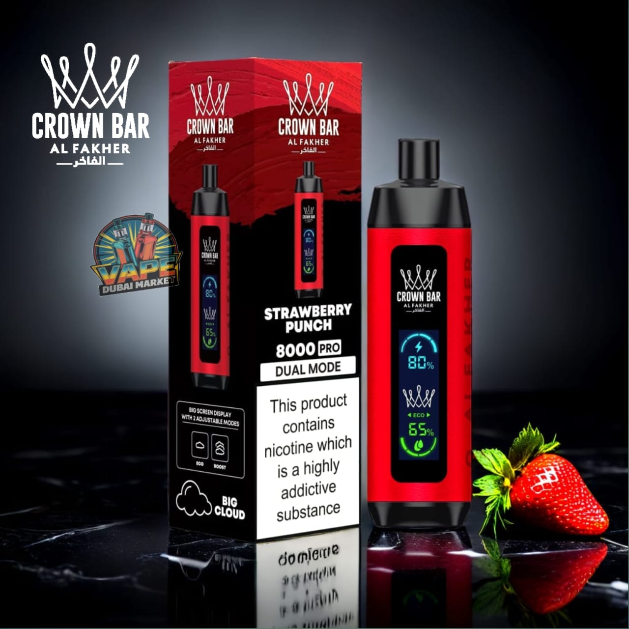 Crown Bar Al Fahker Pro Strawberry Punch vape with 8000 puffs and rechargeable battery