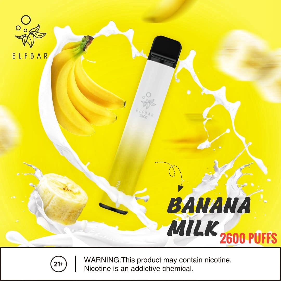 Elf Bar Banana Milk vape with bananas, milk splash, and 2600 puffs