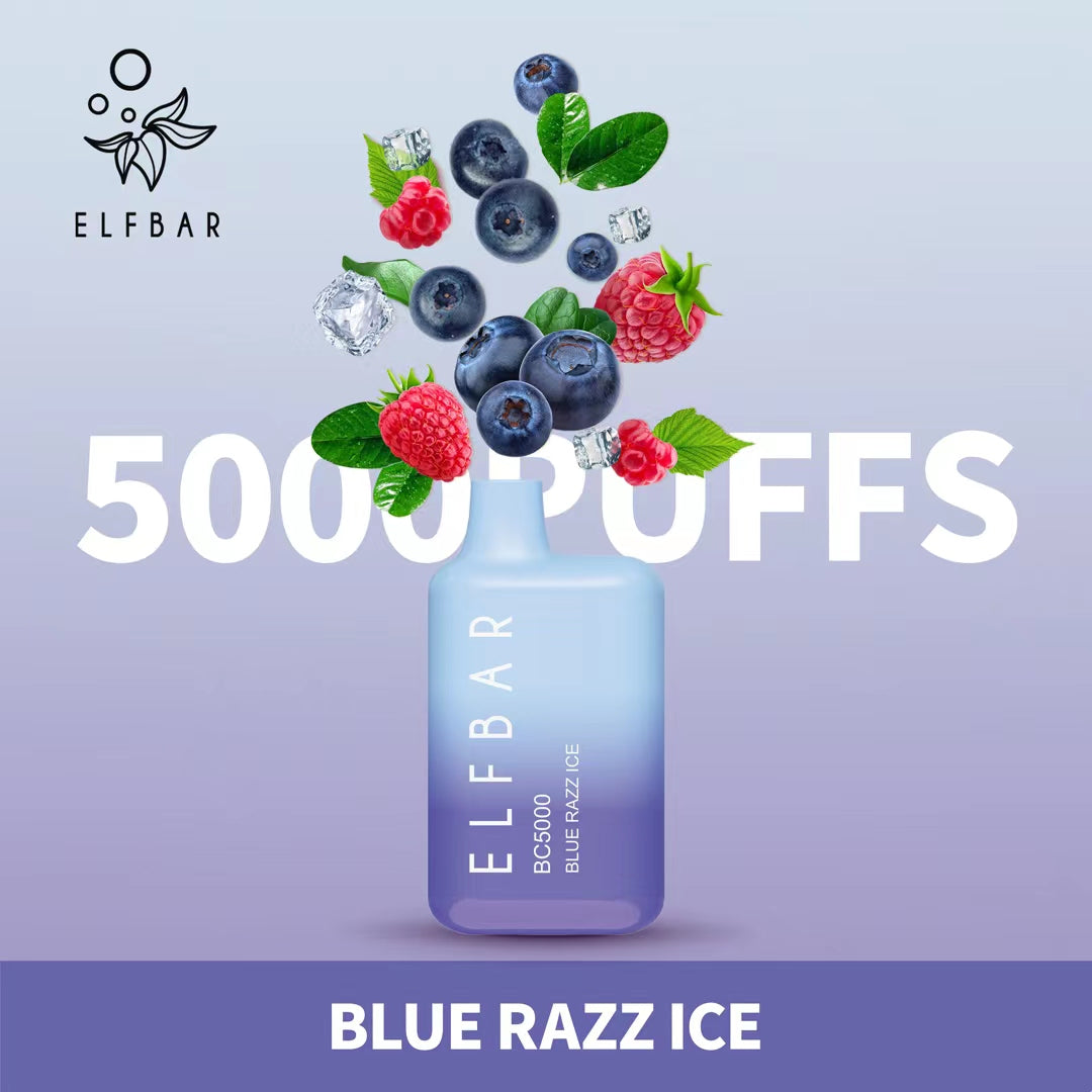 Elf Bar Blue Razz Ice vape 5000 puffs with blueberries, raspberries, and ice