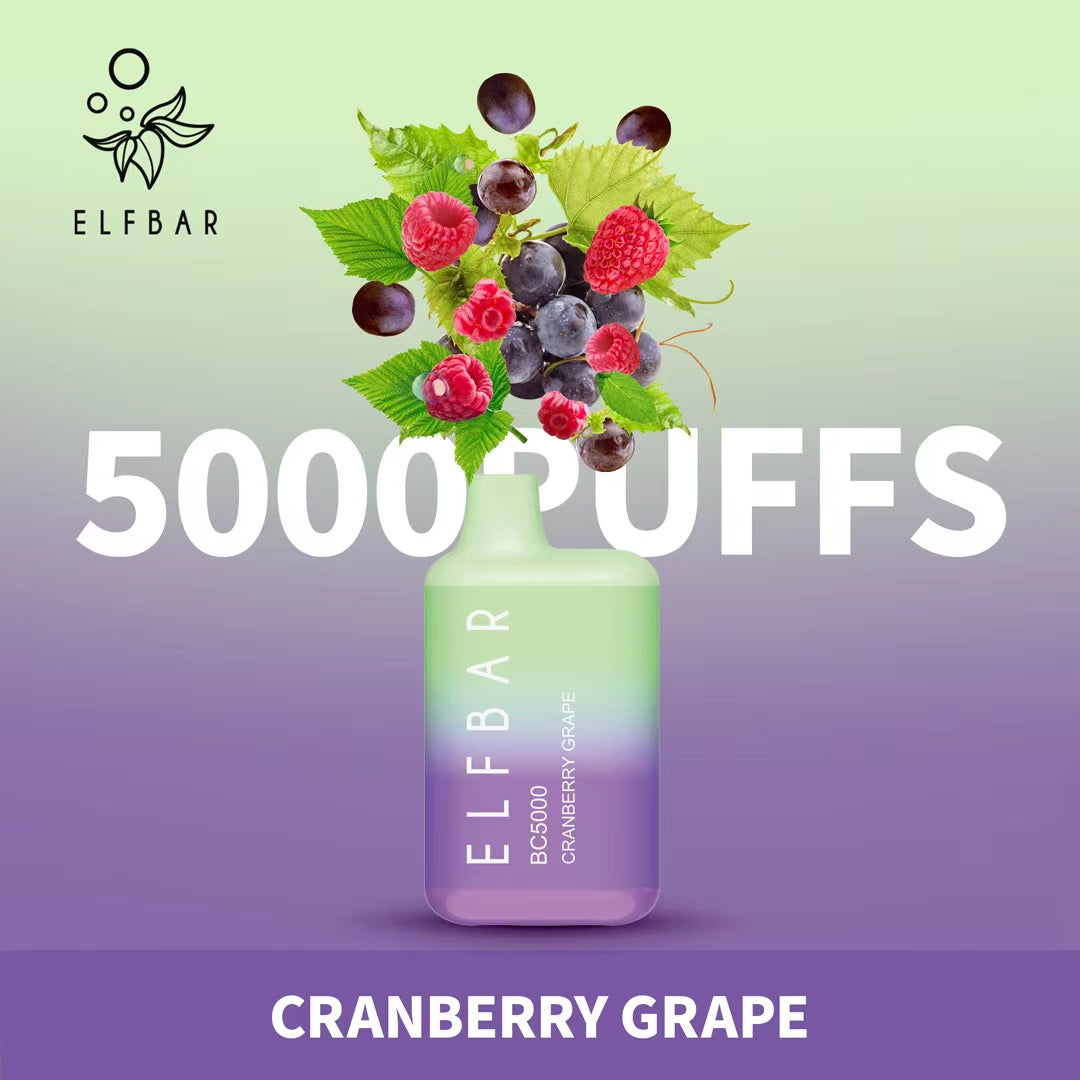 Elf Bar Cranberry Grape vape 5000 puffs with cranberries, grapes, and leaves