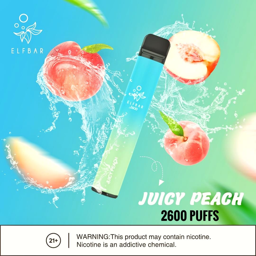 Elf Bar Juicy Peach vape with peaches and splash, 2600 puffs