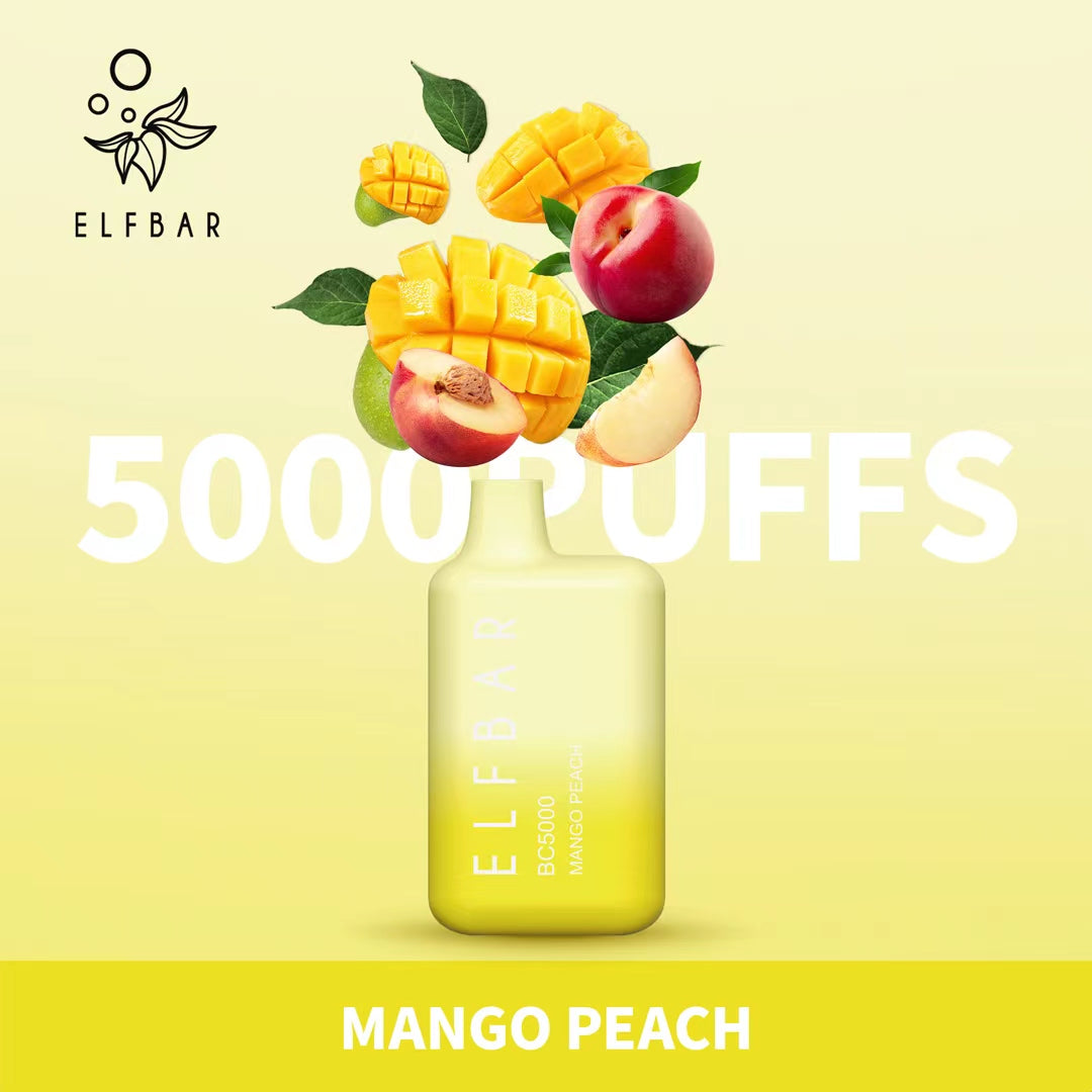 Elf Bar Mango Peach vape 5000 puffs with mango and peach fruits on yellow background
