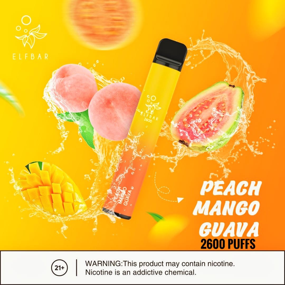 Elf Bar Peach Mango Guava vape with fruits and splash, 2600 puffs