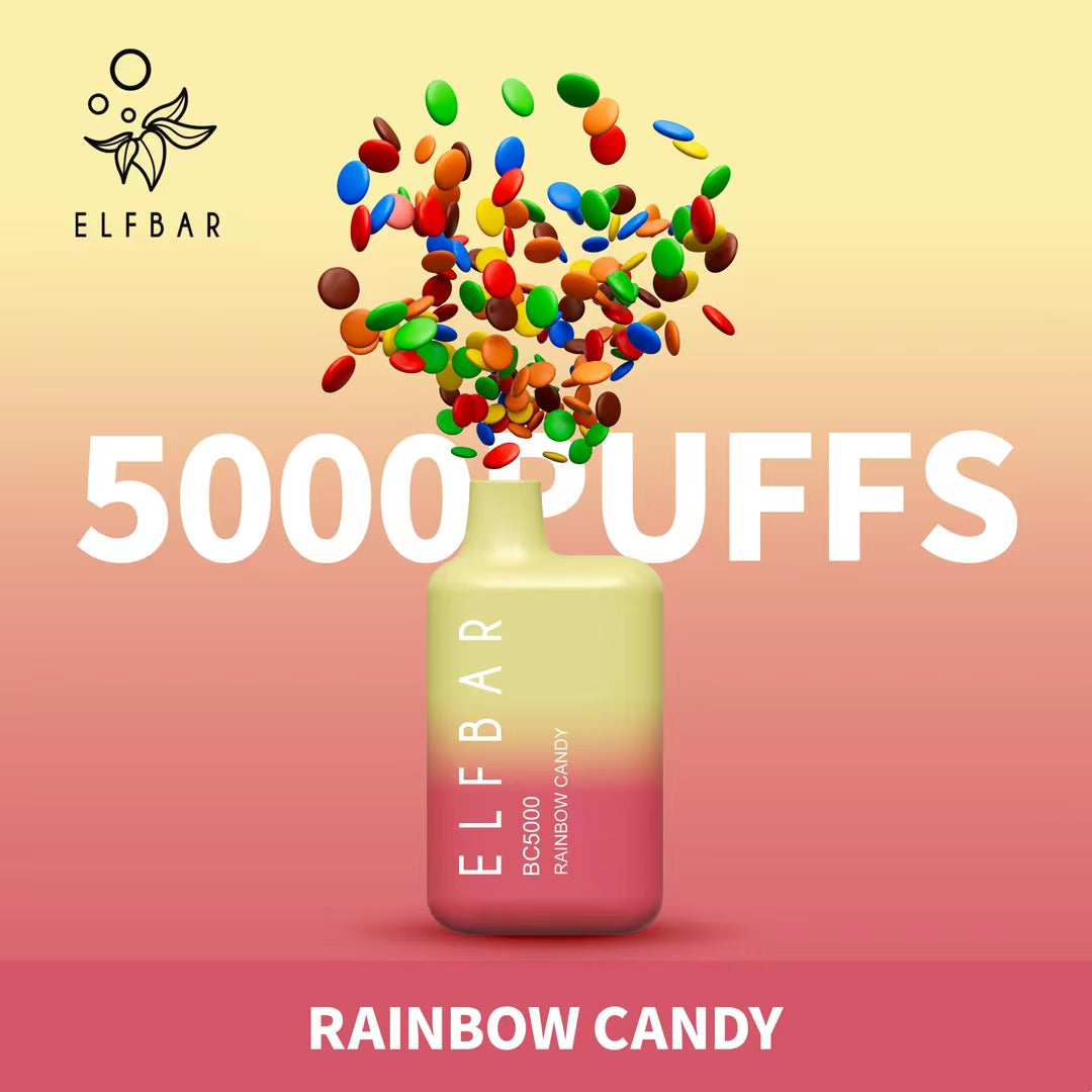 Elf Bar Rainbow Candy vape 5000 puffs with colorful candy on gradient background