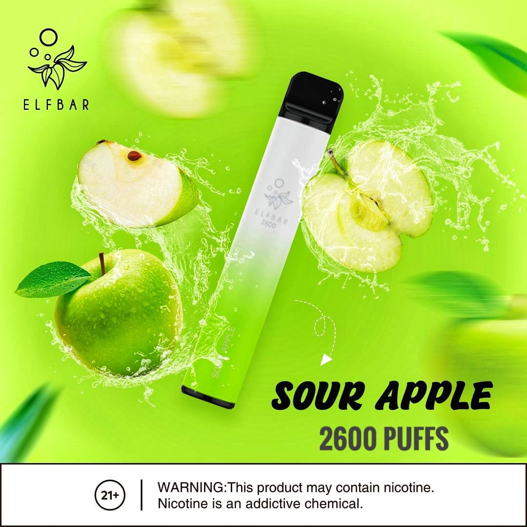 Elf Bar Sour Apple vape with green apples and splash, 2600 puffs