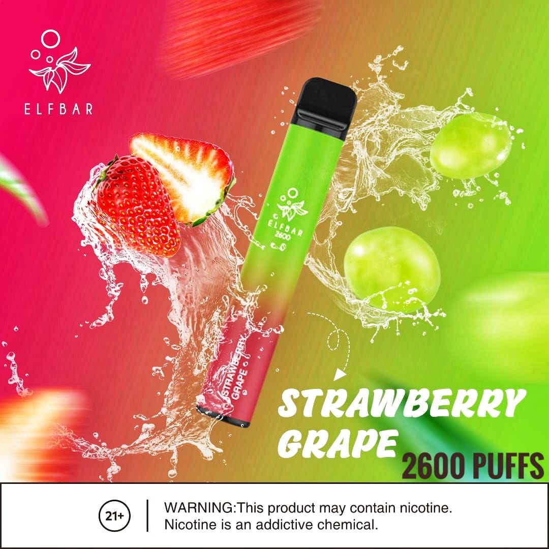 Elf Bar Strawberry Grape vape with strawberries, grapes, and splash, 2600 puffs