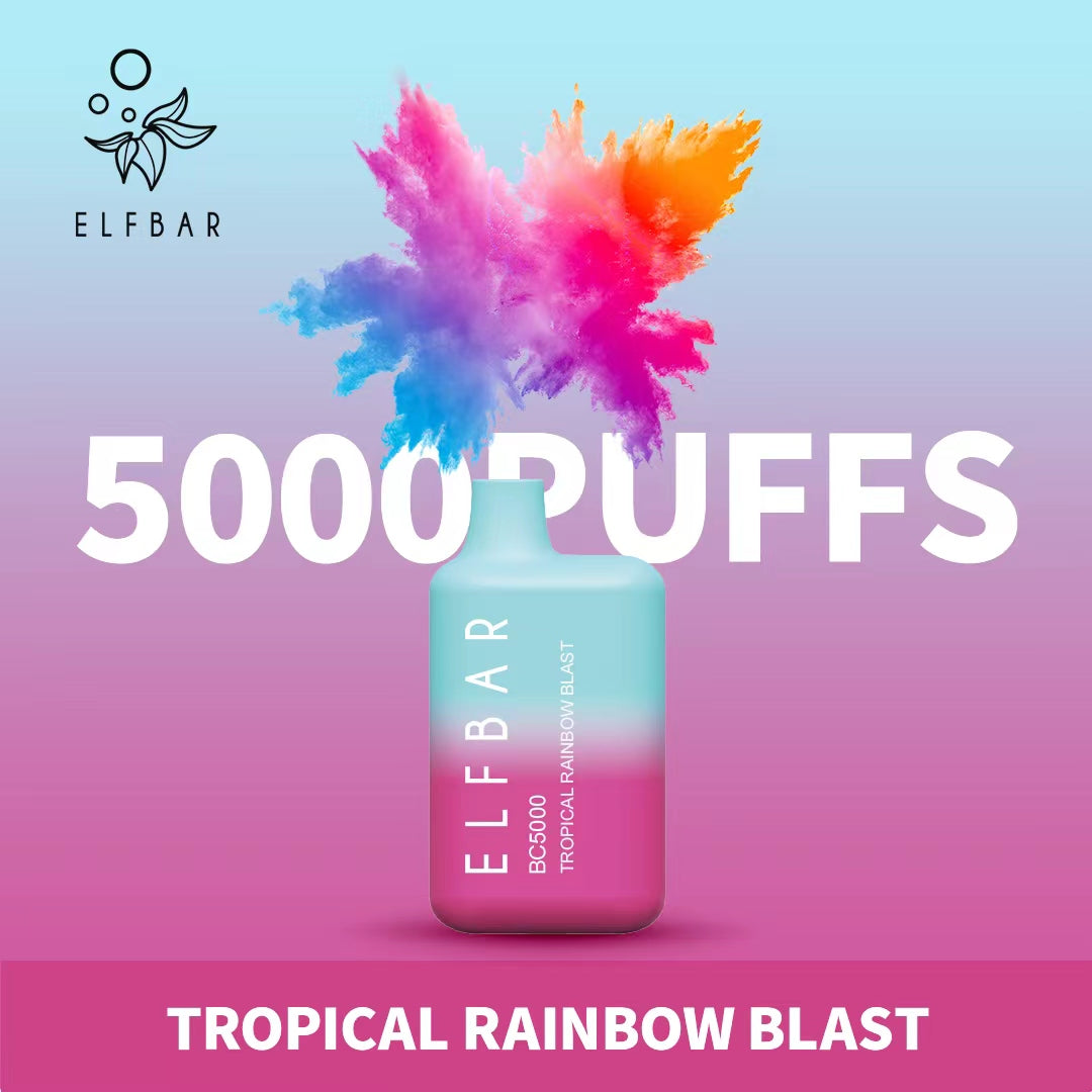 Elf Bar Tropical Rainbow Blast vape 5000 puffs with colorful burst on pink background