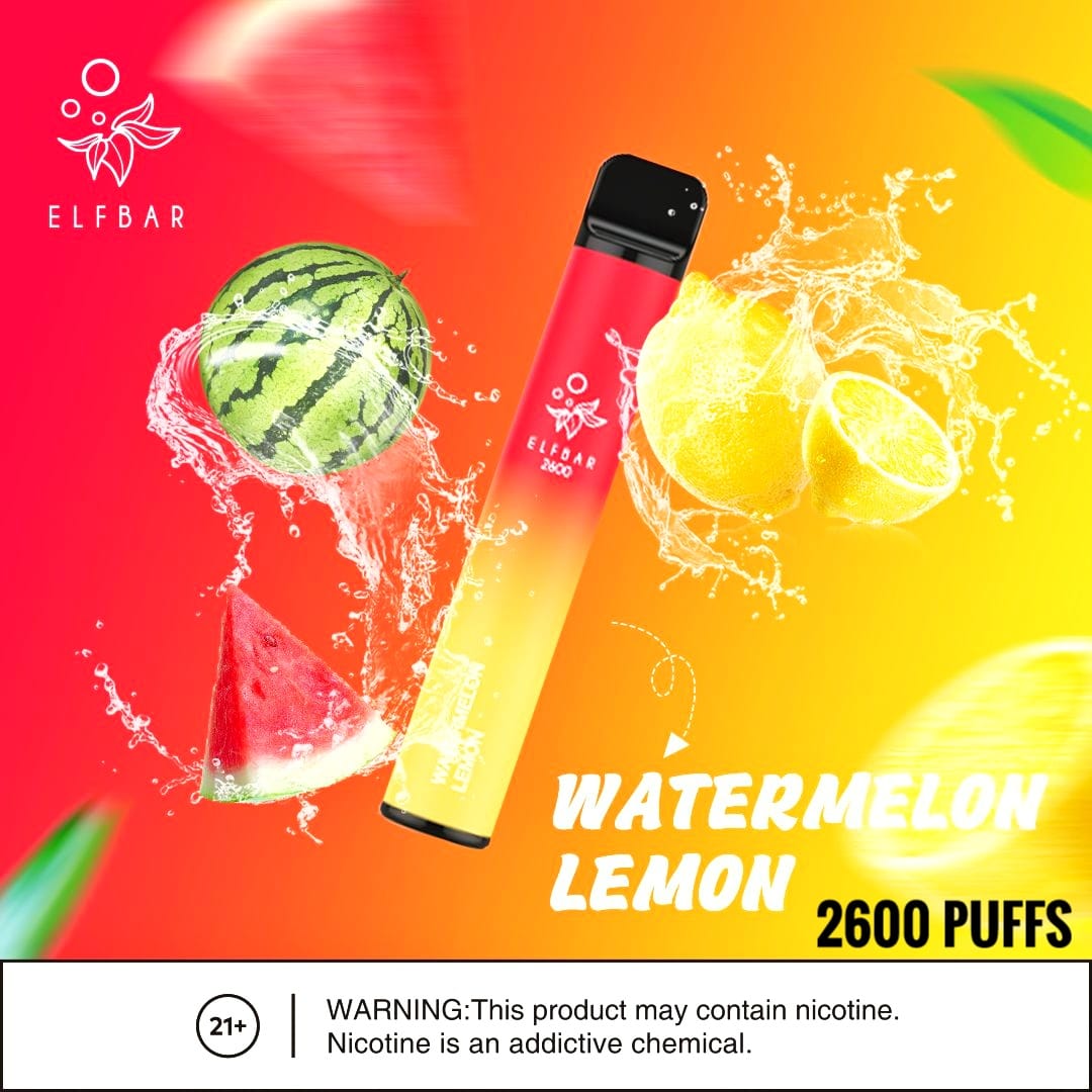 Elf Bar Watermelon Lemon vape with watermelon, lemons, and splash, 2600 puffs