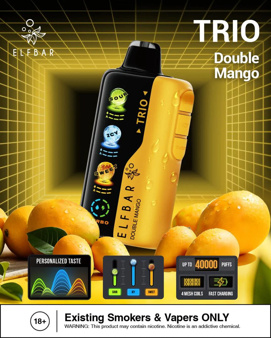 Elfbar Trio Double Mango Ice 40000 Puffs vape device with mangoes and ice
