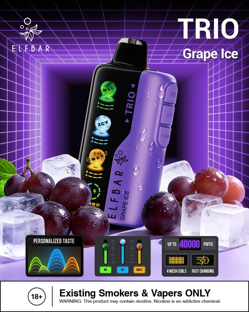 Elfbar Trio Grape Ice 40000 Puffs vape device with grapes and ice