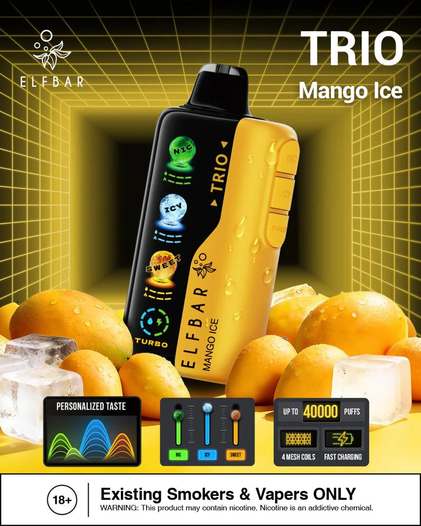 Elfbar Trio Mango Ice 40000 Puffs vape device with mangoes and ice