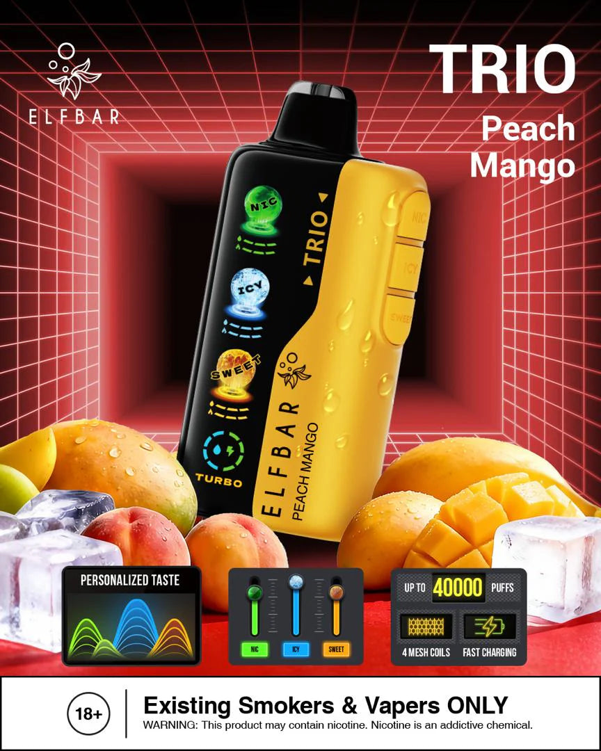 Elfbar Trio Peach Mango 40000 Puffs vape device with mango and peach