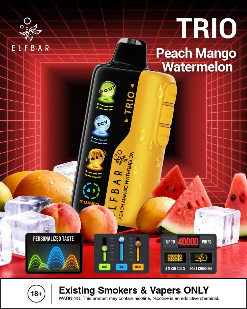 Elfbar Trio Peach Mango Watermelon 40000 Puffs vape device with fruits and ice