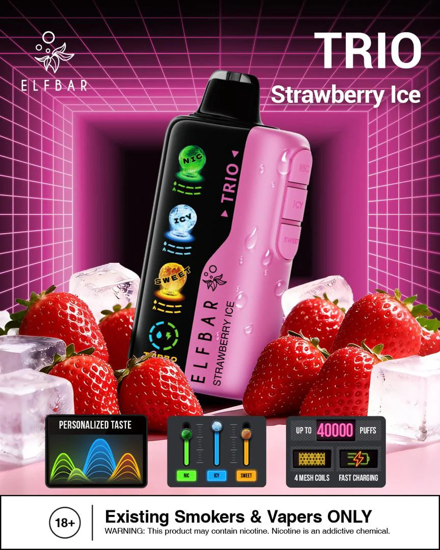 Elfbar Trio Strawberry Ice 40000 Puffs vape device with strawberries and ice