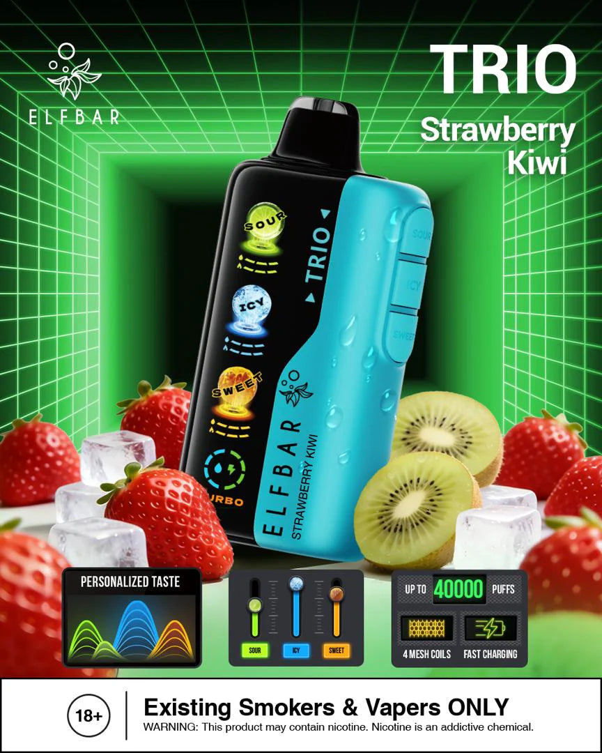 Elfbar Trio Strawberry Kiwi 40000 Puffs vape device with strawberries, kiwi, and ice