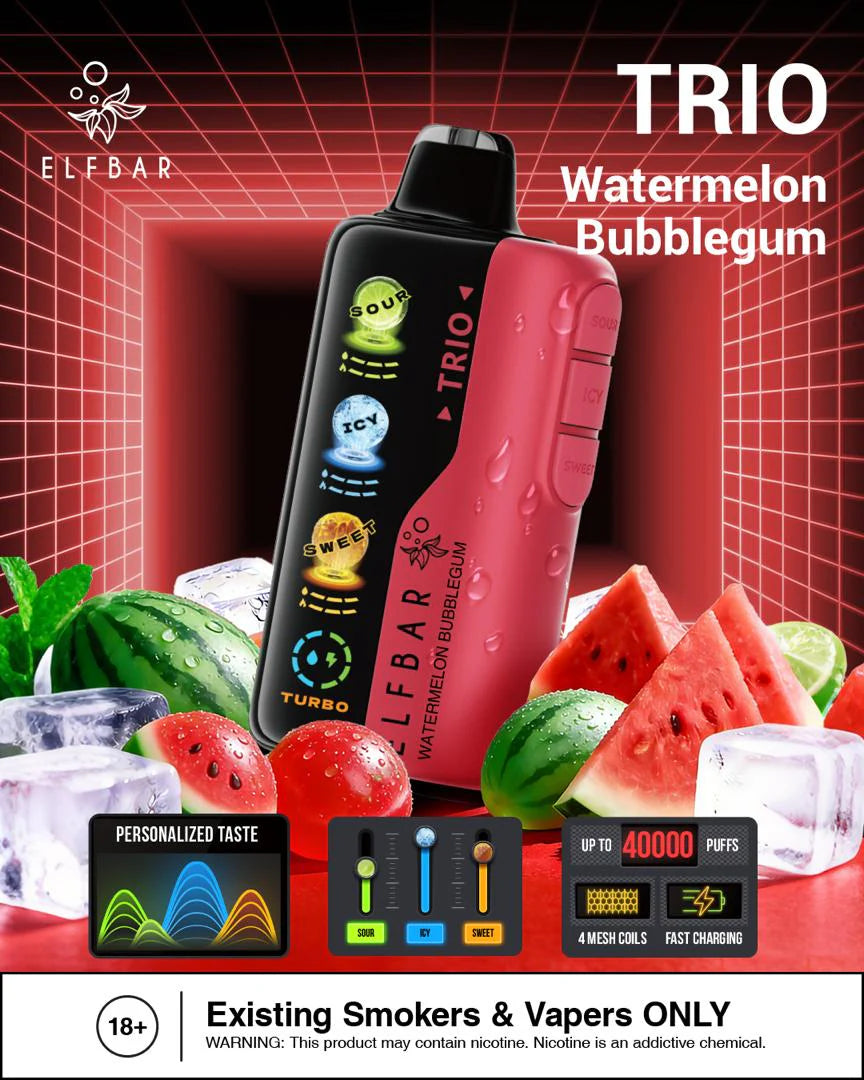 Elfbar Trio Watermelon Bubblegum 40000 Puffs vape device with watermelon and ice