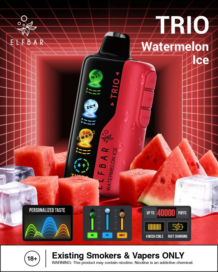 Elfbar Trio Watermelon Ice 40000 Puffs vape device with watermelon and ice
