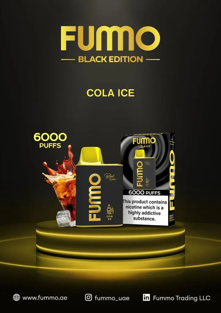 FUMO Black Edition Cola Ice vape 6000 puffs with cola glass and packaging on stand