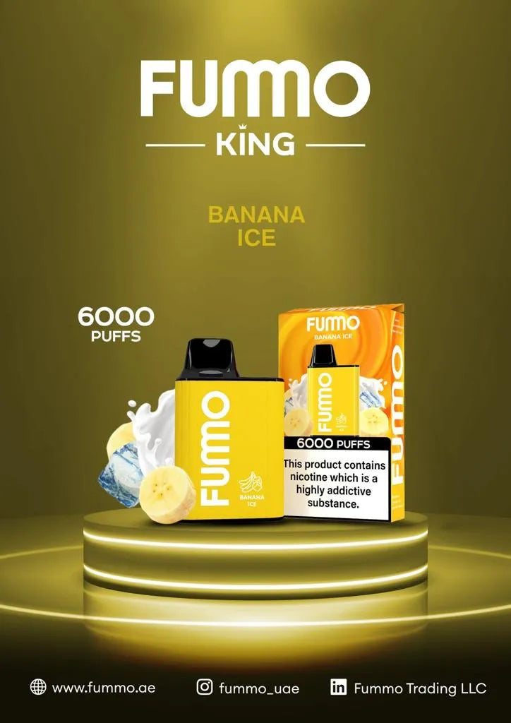 FUMO King Banana Ice vape 6000 puffs with box, banana, and ice on gold stand
