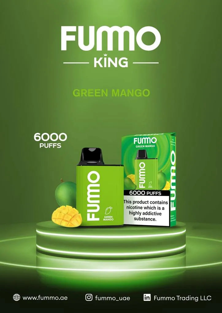 FUMO King Green Mango vape 6000 puffs with mango and packaging on green platform