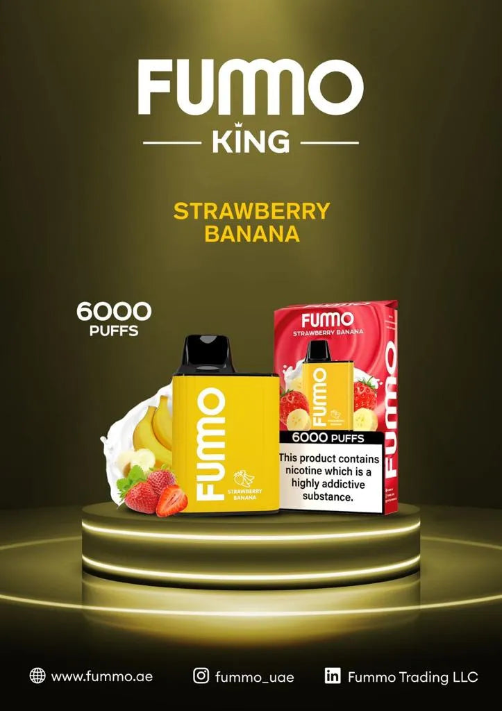 FUMO King Strawberry Banana vape 6000 puffs with box and fruit on display stand