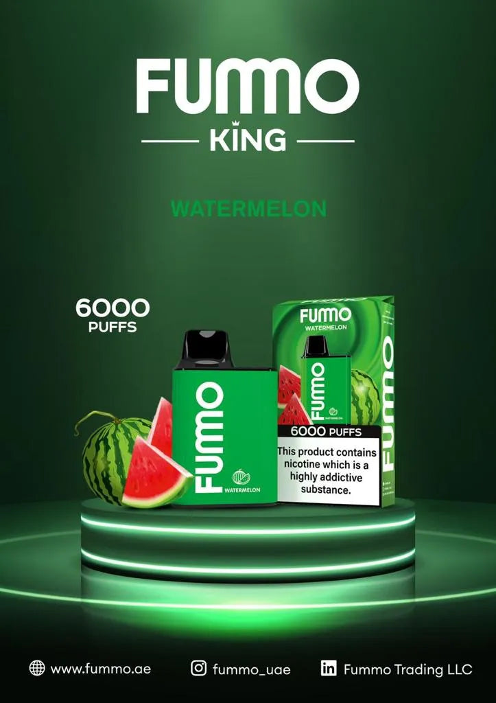 FUMO King Watermelon vape 6000 puffs with box and watermelon slices on green stand
