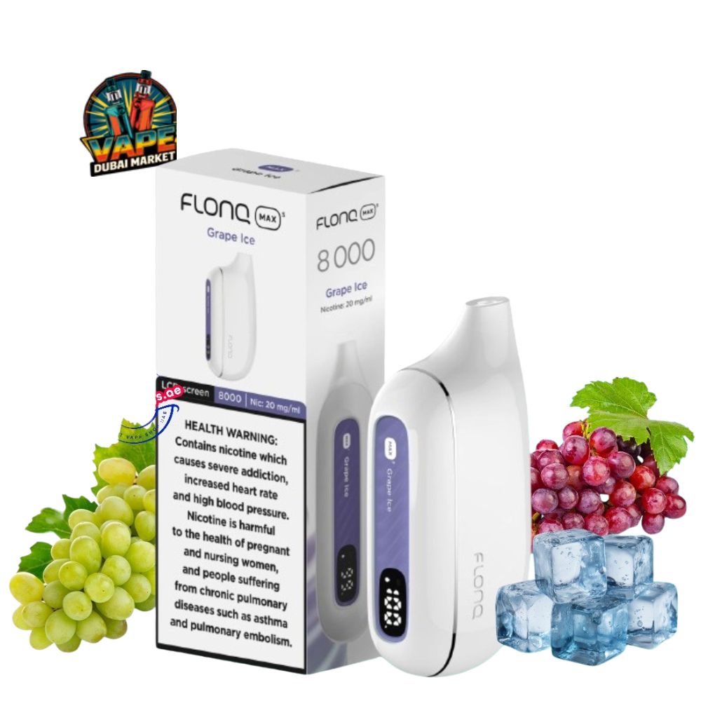 Flonq Max S 8000 Grape Ice vape with box and grapes