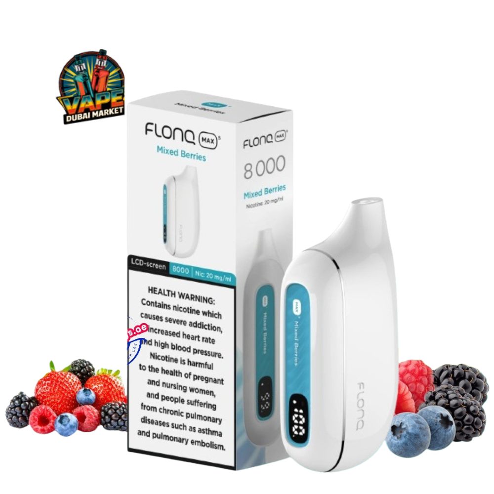 Flonq Max S 8000 Mixed Berries vape with box and assorted berries