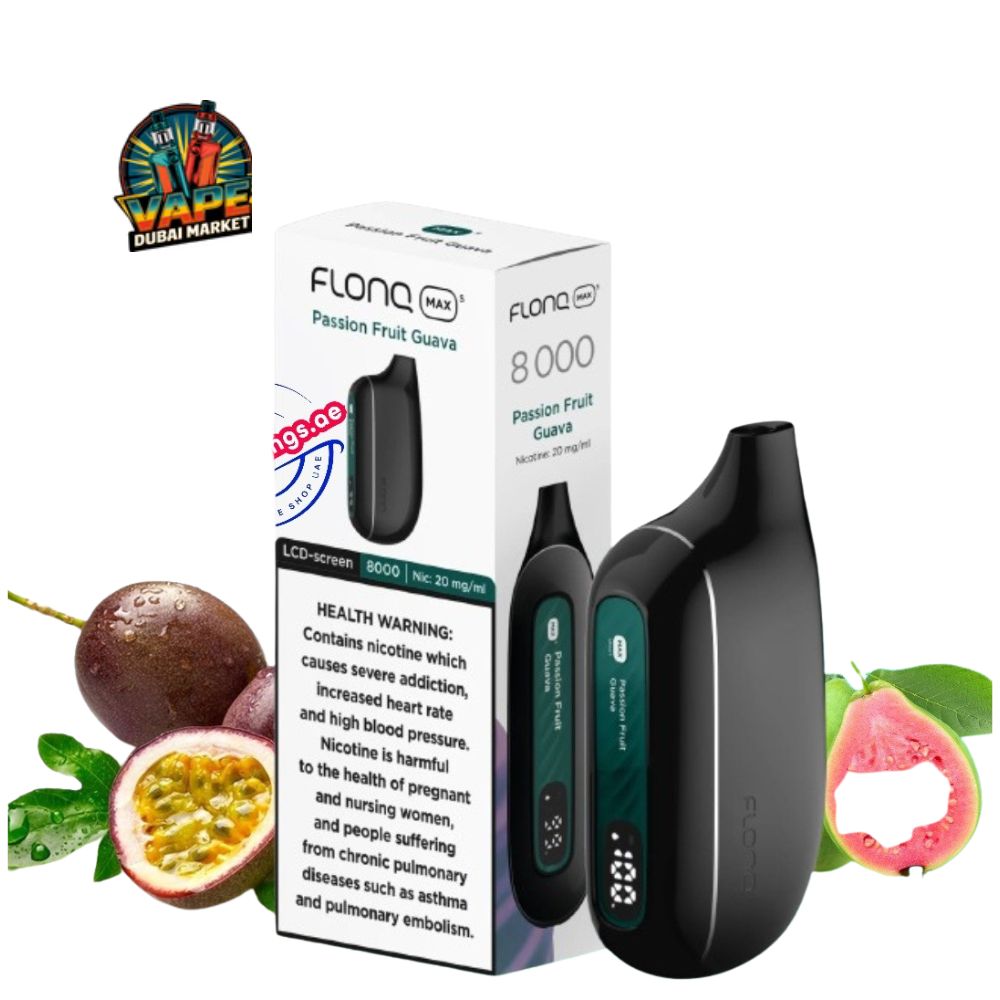 Flonq Max S 8000 Passion Fruit Guava vape with box and guava