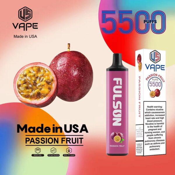 Fulson Passion Fruit disposable vape 5500 puffs with box, device, and passion fruit