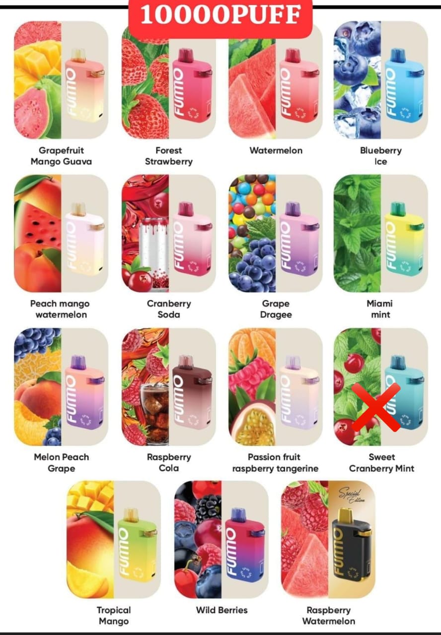 Fummo 10000 puffs disposable vape flavors chart, including mango, berry, mint, and more
