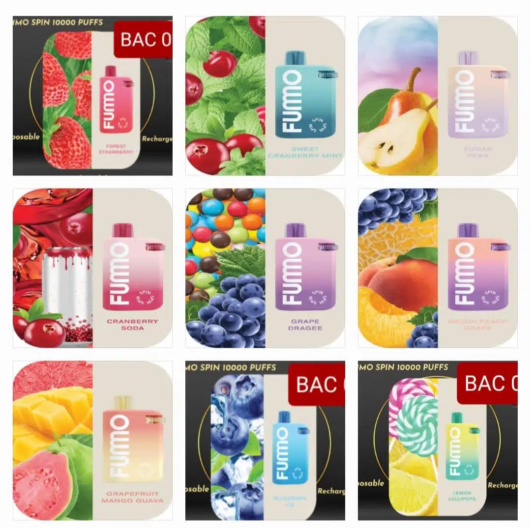 Fummo 10000 puffs disposable vape flavors chart, including mango, berry, mint, and more 2