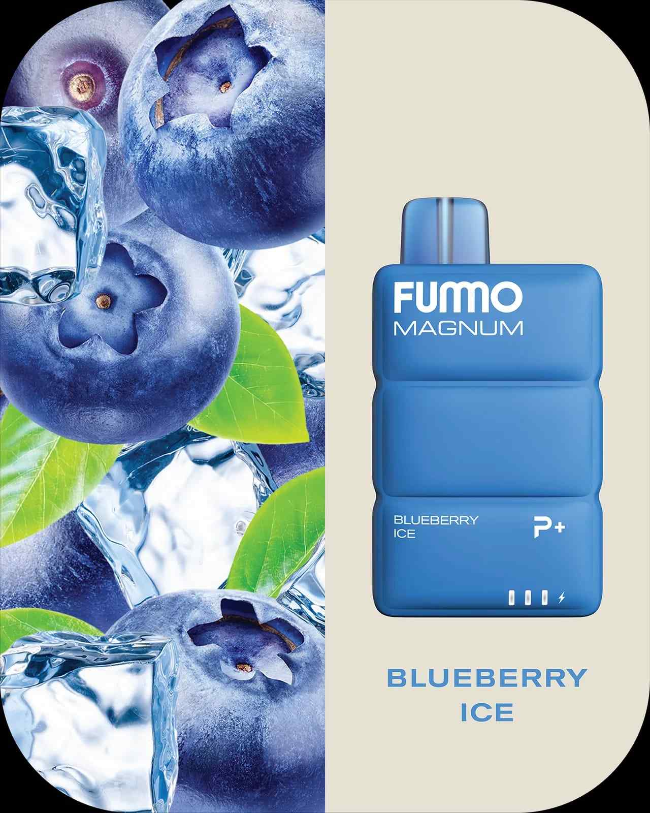 Fummo Magnum Blueberry Ice vape with blueberries and ice cubes