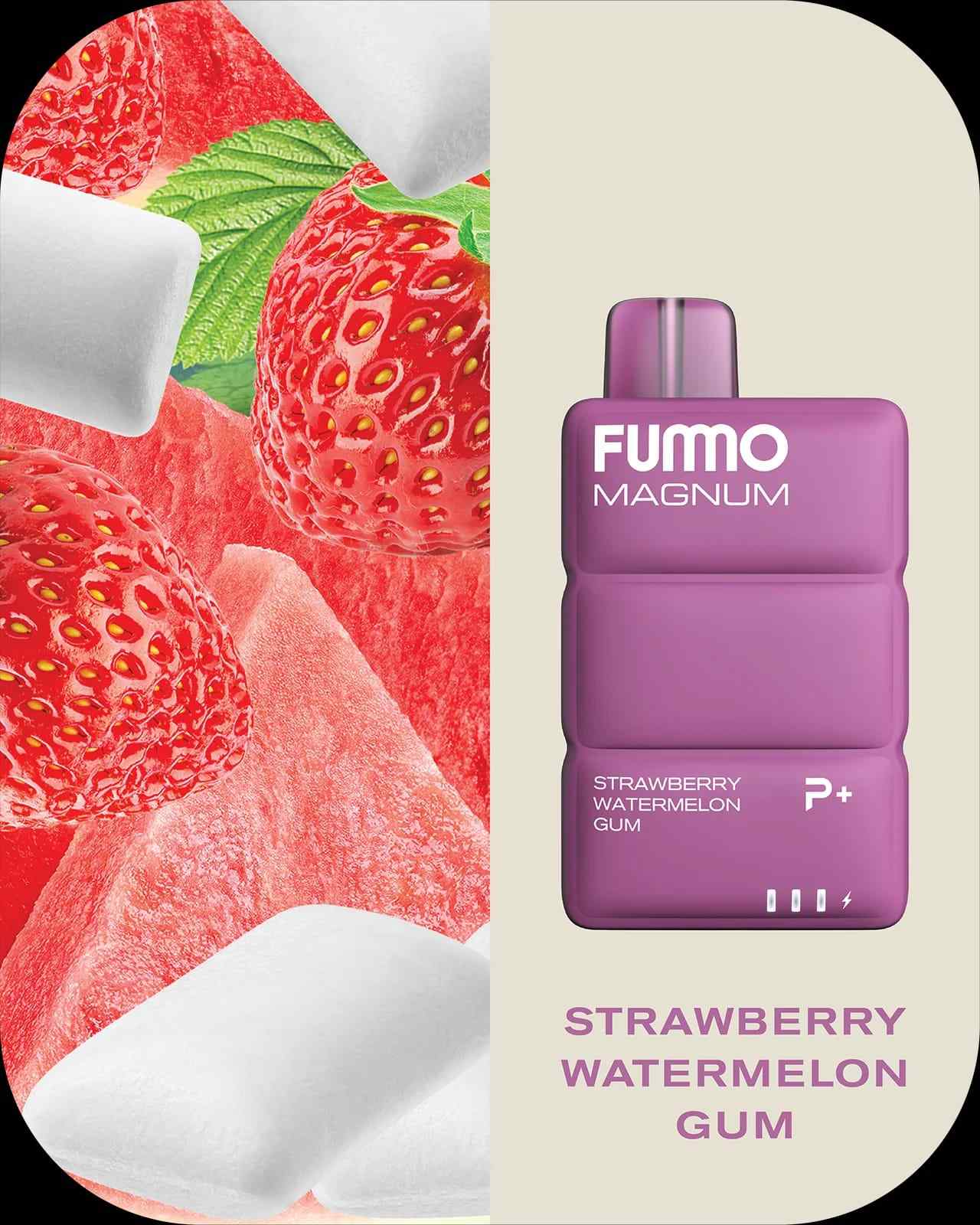 Fummo Magnum Strawberry Watermelon Gum vape with strawberries, watermelon, and gum