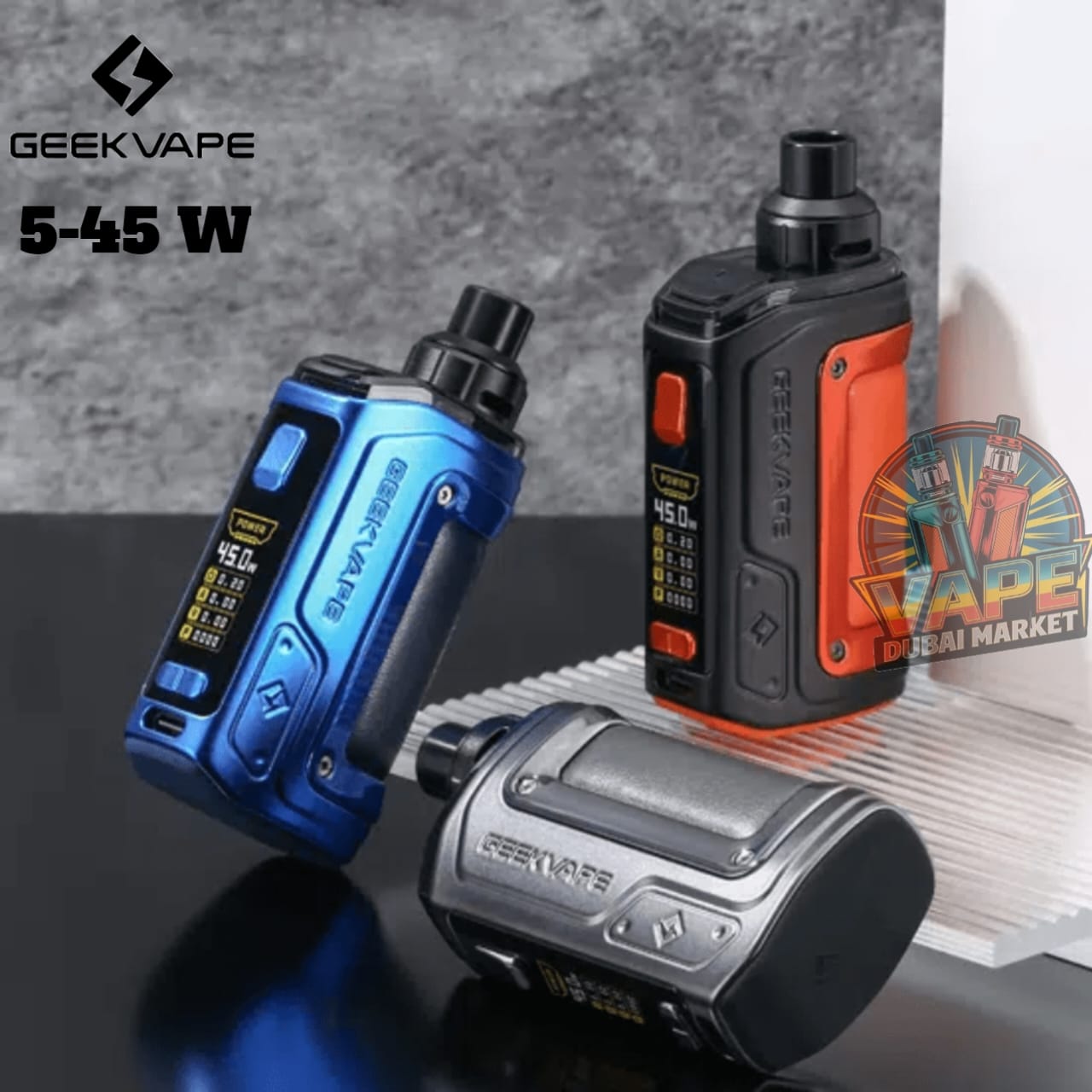 GeekVape H45 Pod Mod Kit in blue, black, and silver with display screen and pod system