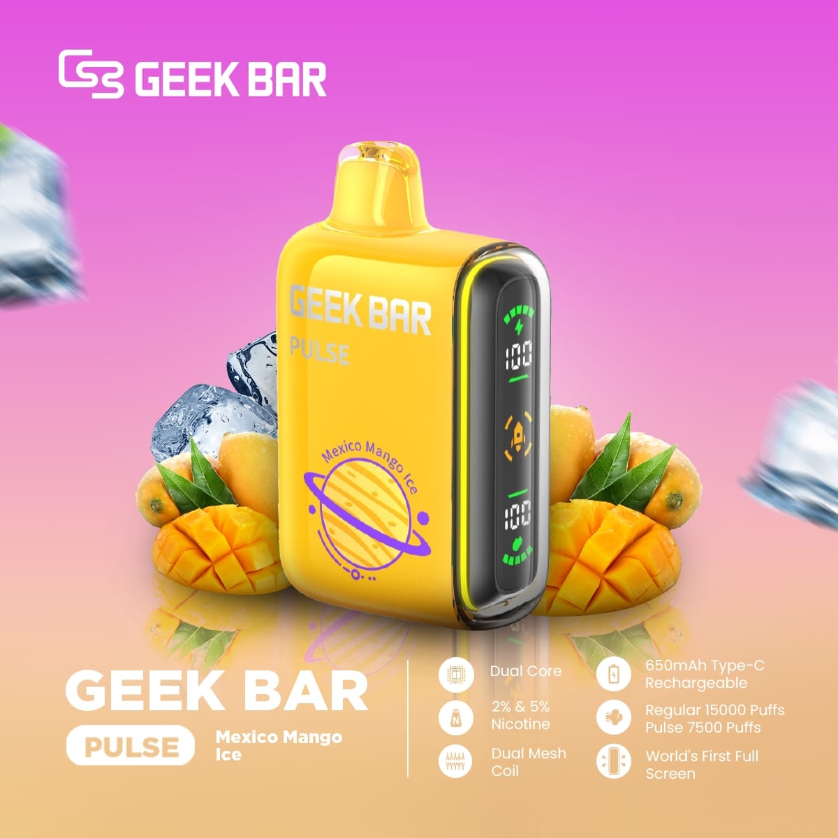 Geek Bar Pulse Mexico Mango Ice vape with mangoes and ice cubes on yellow background
