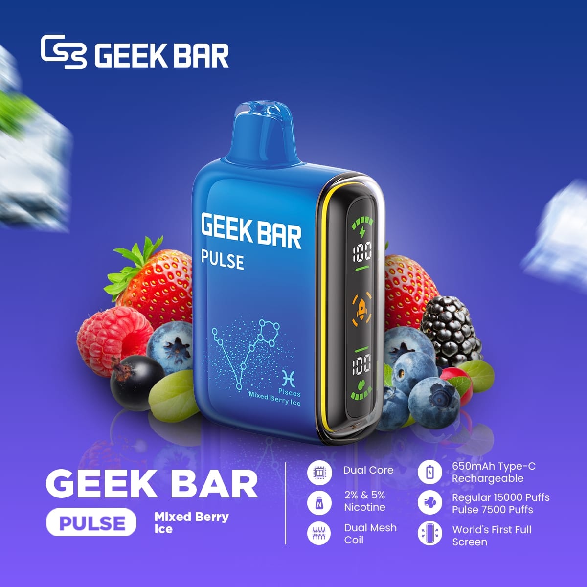 Geek Bar Pulse Mixed Berry Ice vape with assorted berries and ice on blue background