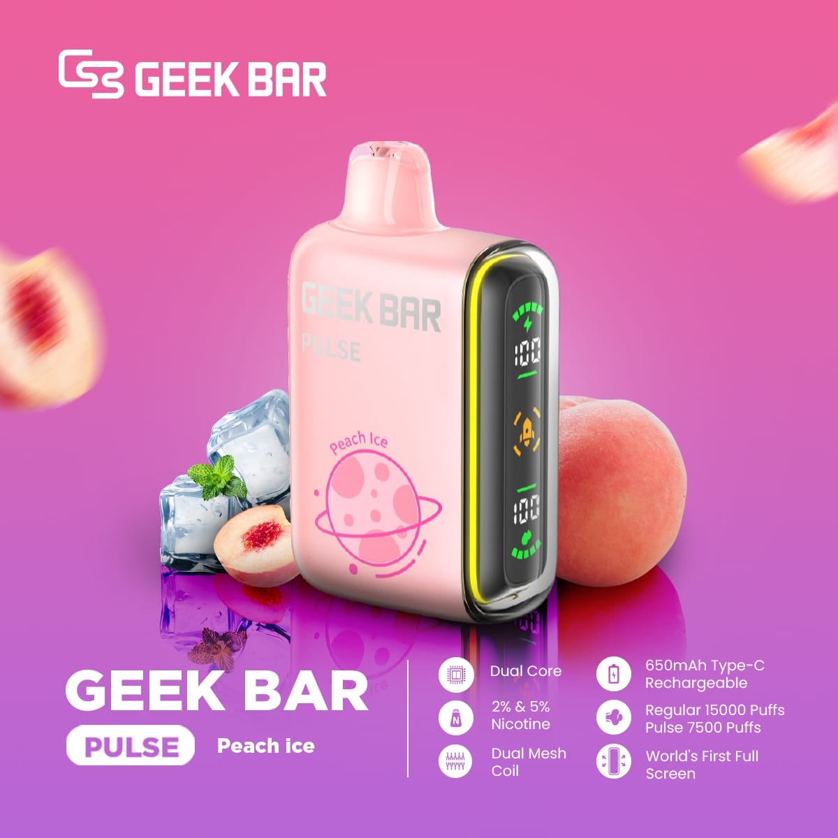 Geek Bar Pulse Peach Ice vape with fresh peaches and ice cubes on a pink background