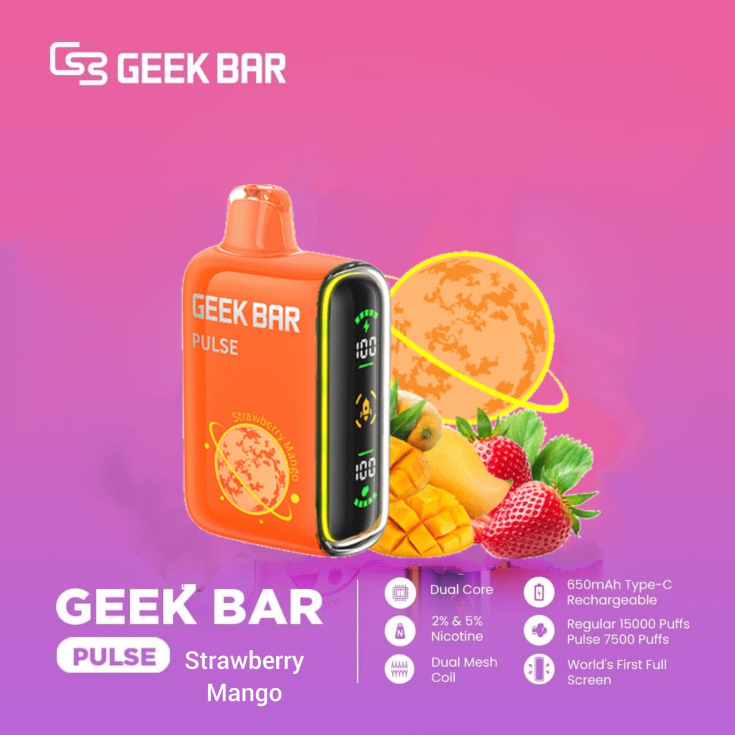 Geek Bar Pulse Strawberry Mango vape with strawberries and mango on pink background