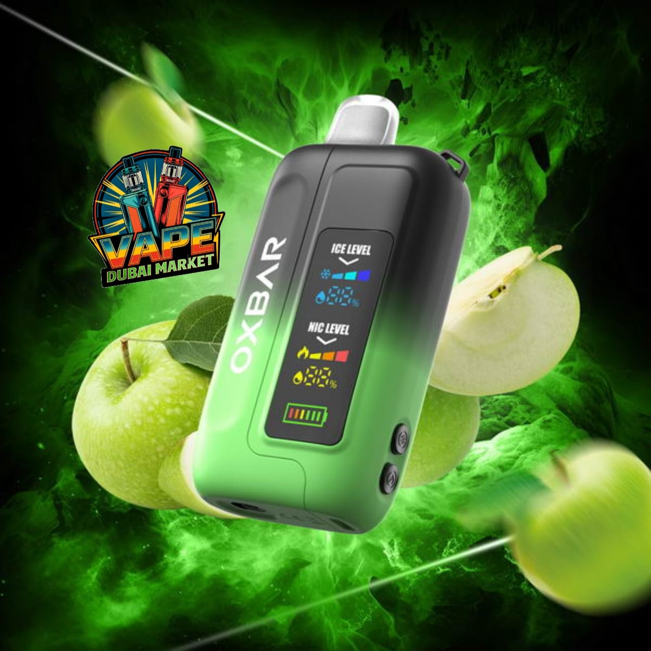 OXBAR Ice-Nic Control vape with green apple flavor and rechargeable battery, Dubai vape