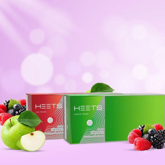 HEETS Sun Pearl and Arbor Pearl IQOS sticks with apple and berry fruit flavor packs