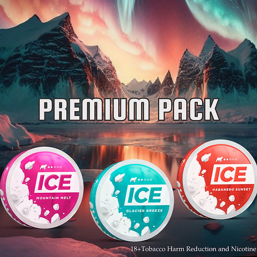 ICE nicotine pouches premium pack Mountain Melt, Glacier Breeze, Habanero Sunset