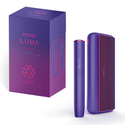 IQOS ILUMA Prime Neon Limited Edition 2024 kit with box and purple device