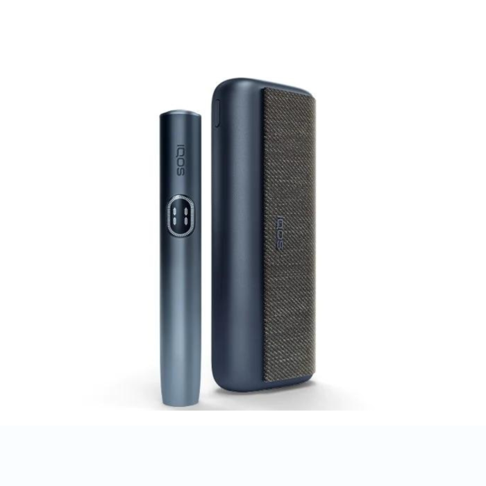 IQOS ILUMA i Prime blue device with textured case, advanced tobacco heating kit
