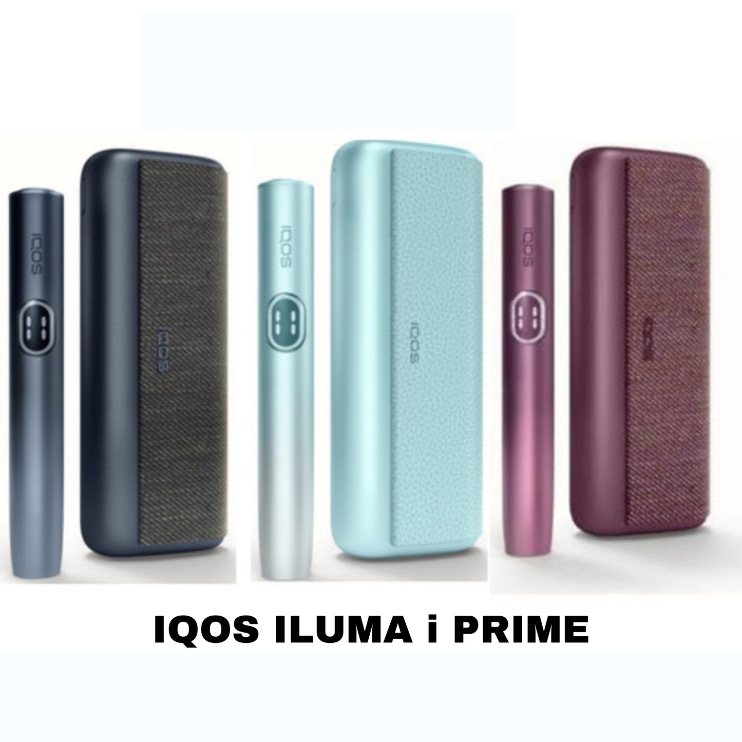 IQOS ILUMA i Prime lineup in blue, silver, and purple, luxury tobacco heating kits
