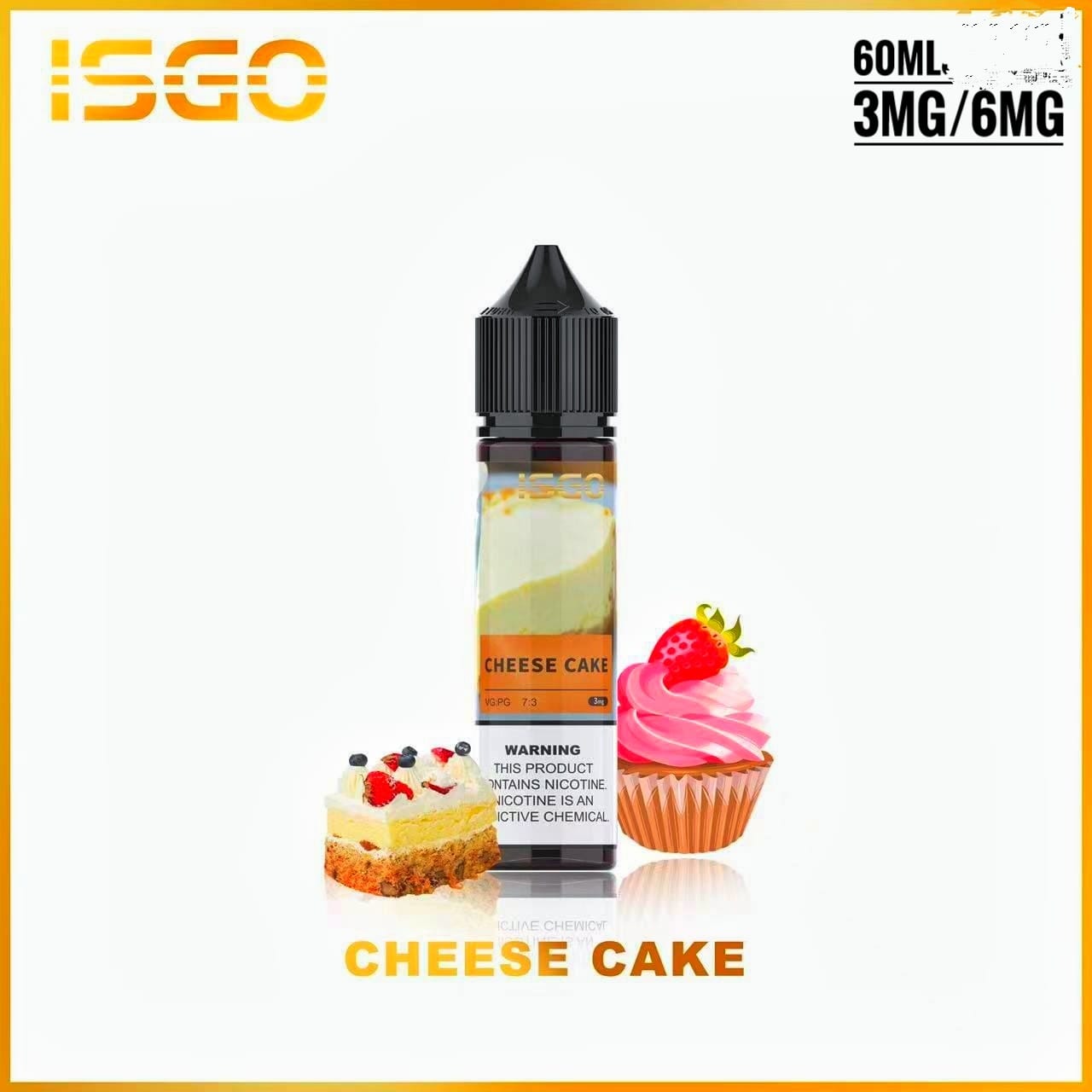 ISGO Cheese Cake 60ml e-liquid bottle with cheesecake and cupcake
