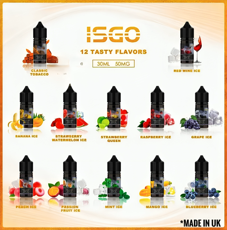 ISGO Salt Nic 30ml e-liquid 12 flavors lineup including fruit, mint, and tobacco options