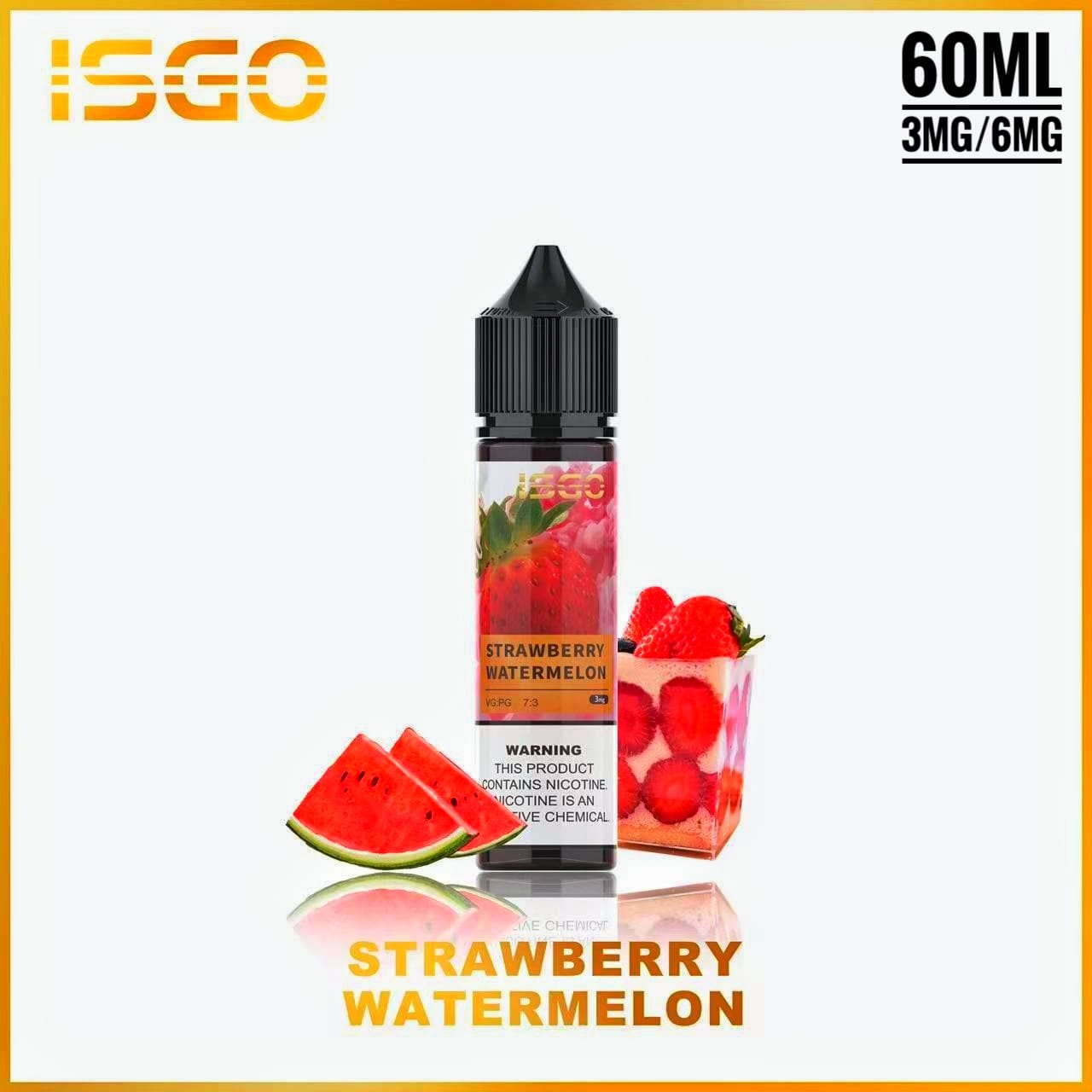 ISGO Strawberry Watermelon 60ml e-liquid bottle with strawberries and watermelon