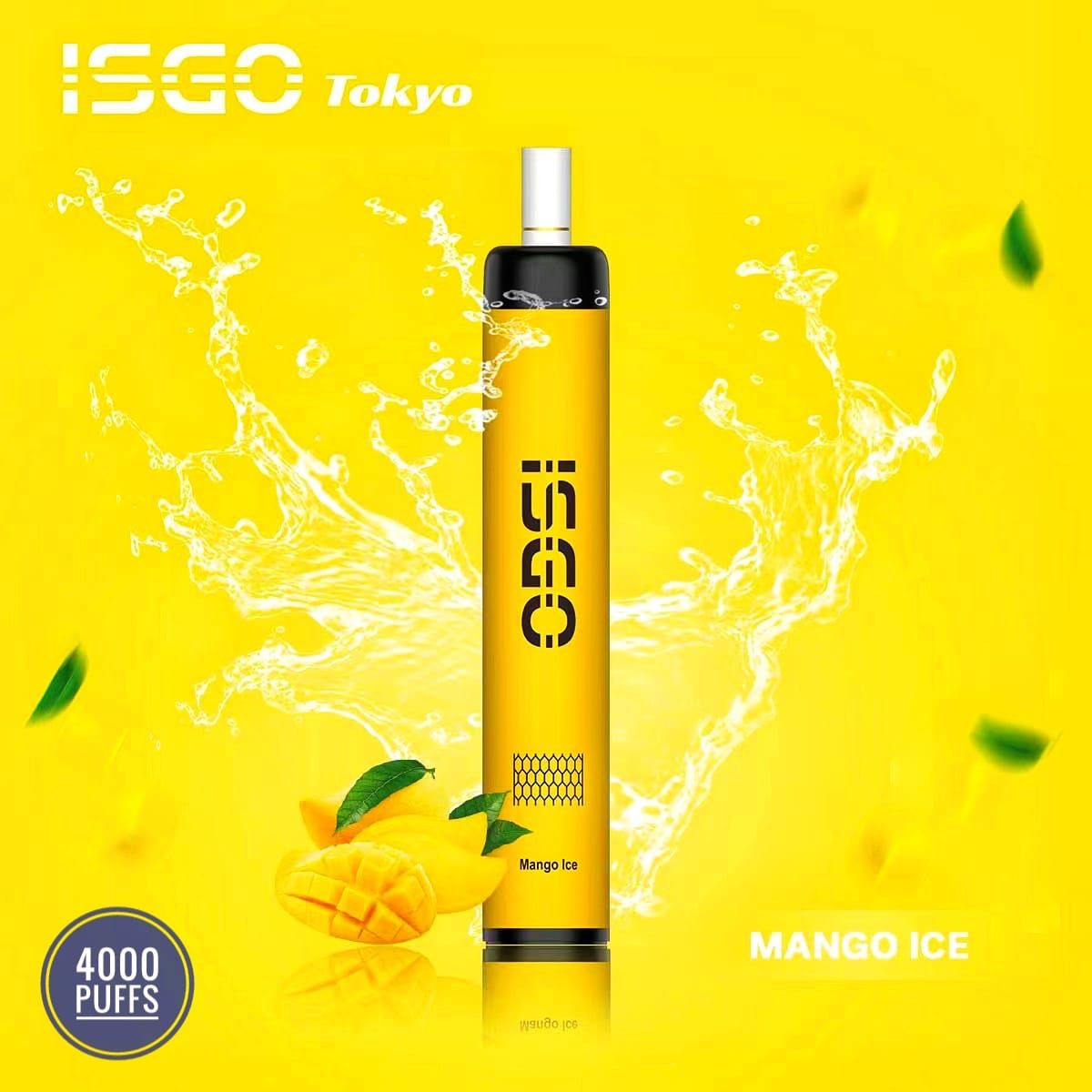 ISGO Tokyo Mango Ice vape with mangoes and splash on yellow background